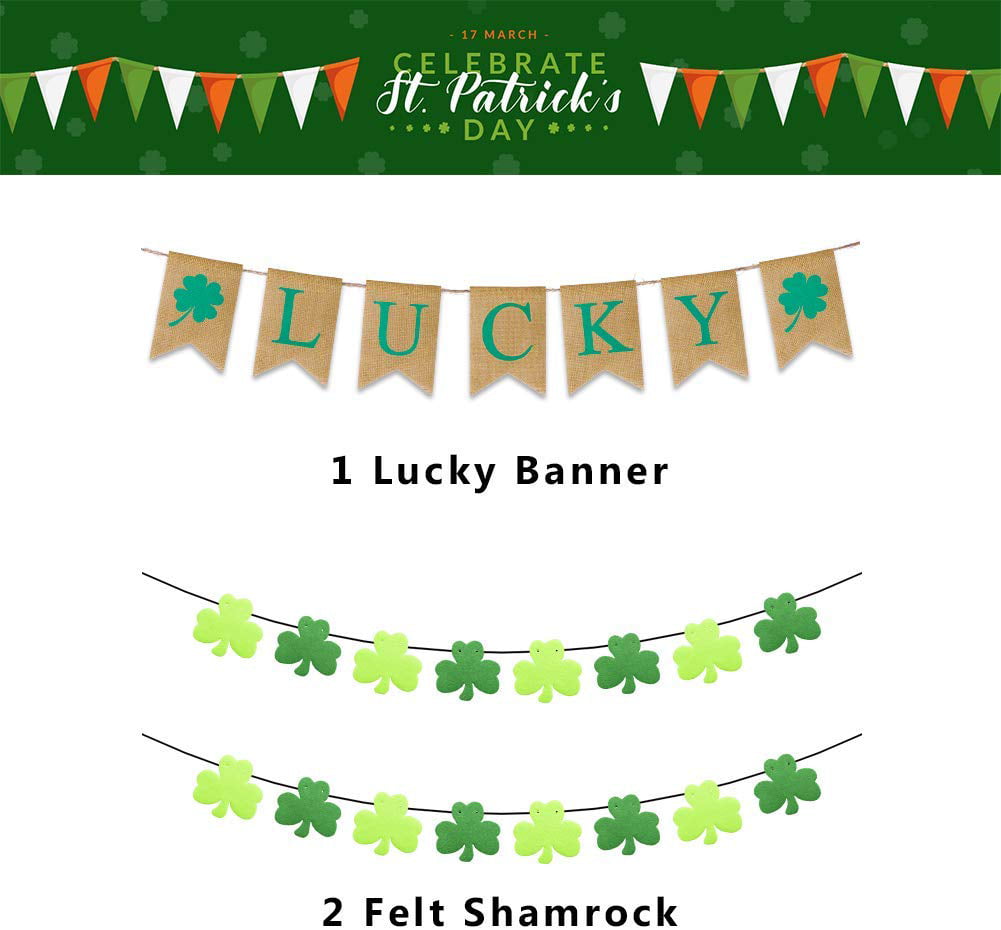 TURNADA St.Patricks Day Decorations,2 Felt Shamrock Clover Garland+ 1 Lucky  Burlap Banner,St. Patrick 's Day Banner Decor perfect for Irish party 