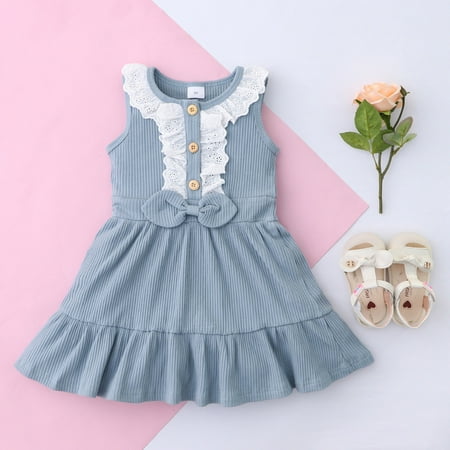 

LoyisViDion Baby Girls Dress Clearance Toddler Kids Baby Girls Lace Ribbed Sleeveless Bowtie Princess One-Piece Dress Light blue 4-5Years