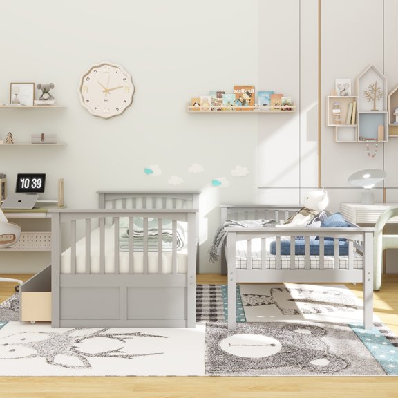 Twin over Twin Bunk Bed with Drawers, Convertible Beds, Gray