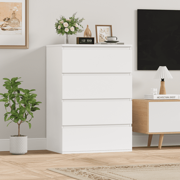 Homfa 4 Drawer White Dresser, Modern Storage Cabinet for Bedroom, Chest of Drawers Wood Organizer for Living Room