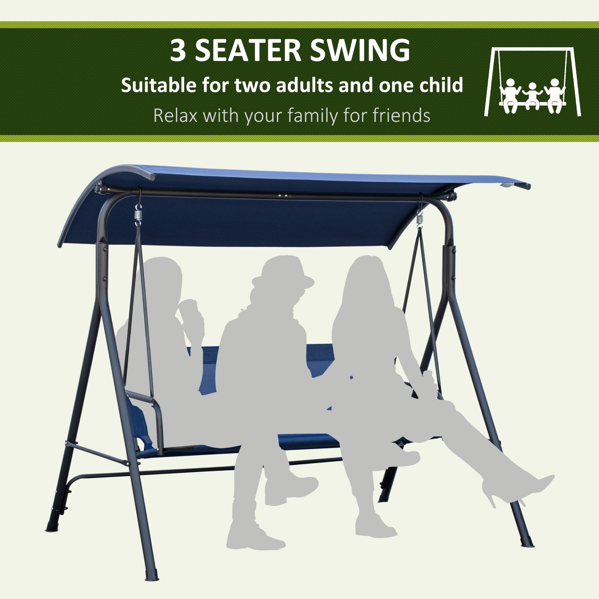3 Person Outdoor Patio Swing Chair with Adjustable Tilt Canopy, Heavy Duty Steel A-Frame Porch Swing 440lbs Capacity Weather Resistant Bench for Backyard Poolside Balcony Dark Blue