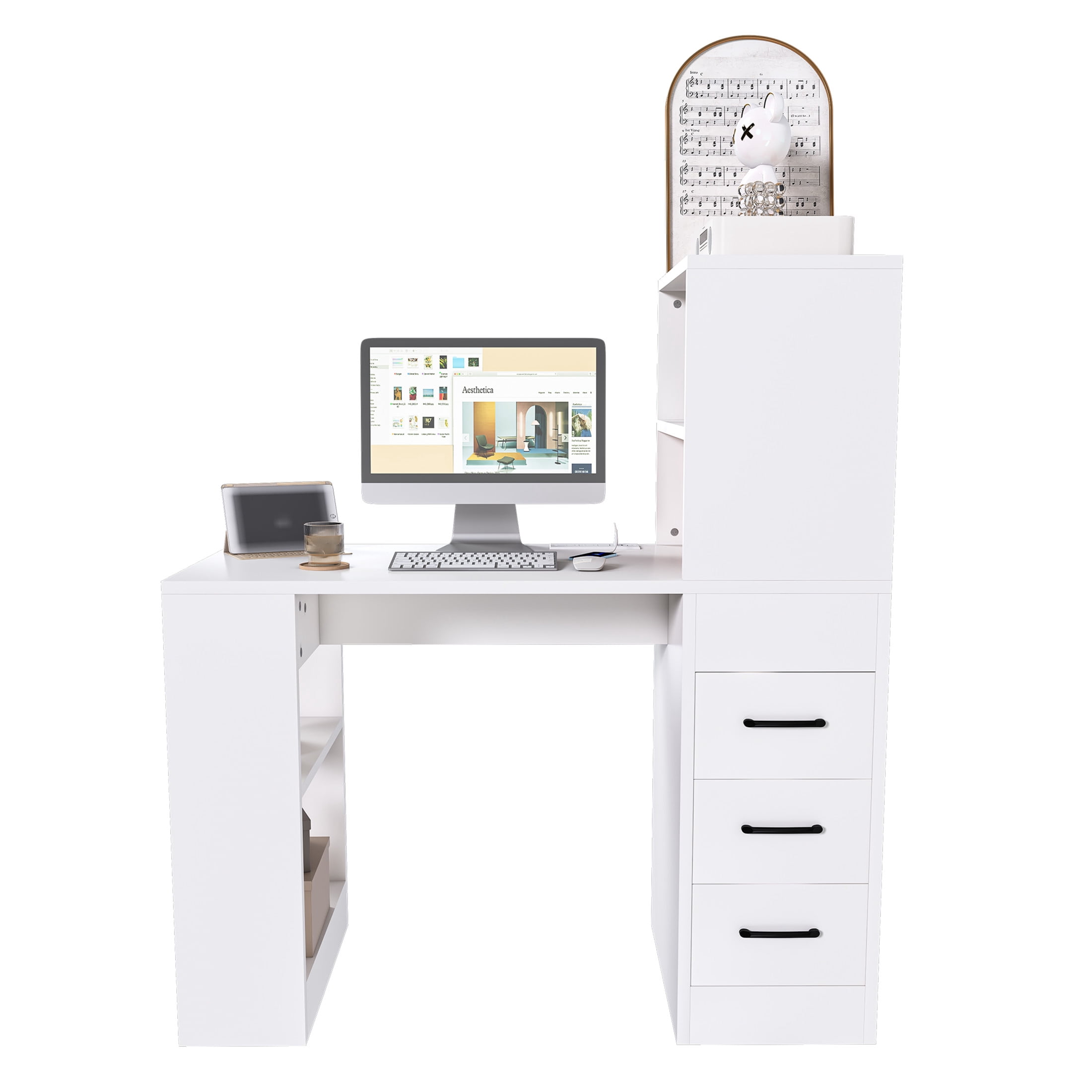 Noble House Computer Desk with Socket, 3 Drawers and 4 Storage Shelves, Modern Wooden Home Office Desk, White