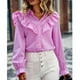 thumbnail image 3 of Camisa de mujer con botones de una sola fila, cuello vuelto, manga larga acampanada, blusa de rayas empalmada con volantes, 3 of 7