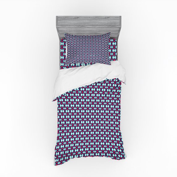 Abstract Duvet Cover Set, Retro Style Pattern with Curves Hipster Geometric Boho Tile, Bedding Set with Shams and Fitted Sheet, 3 Sizes, by Ambesonne