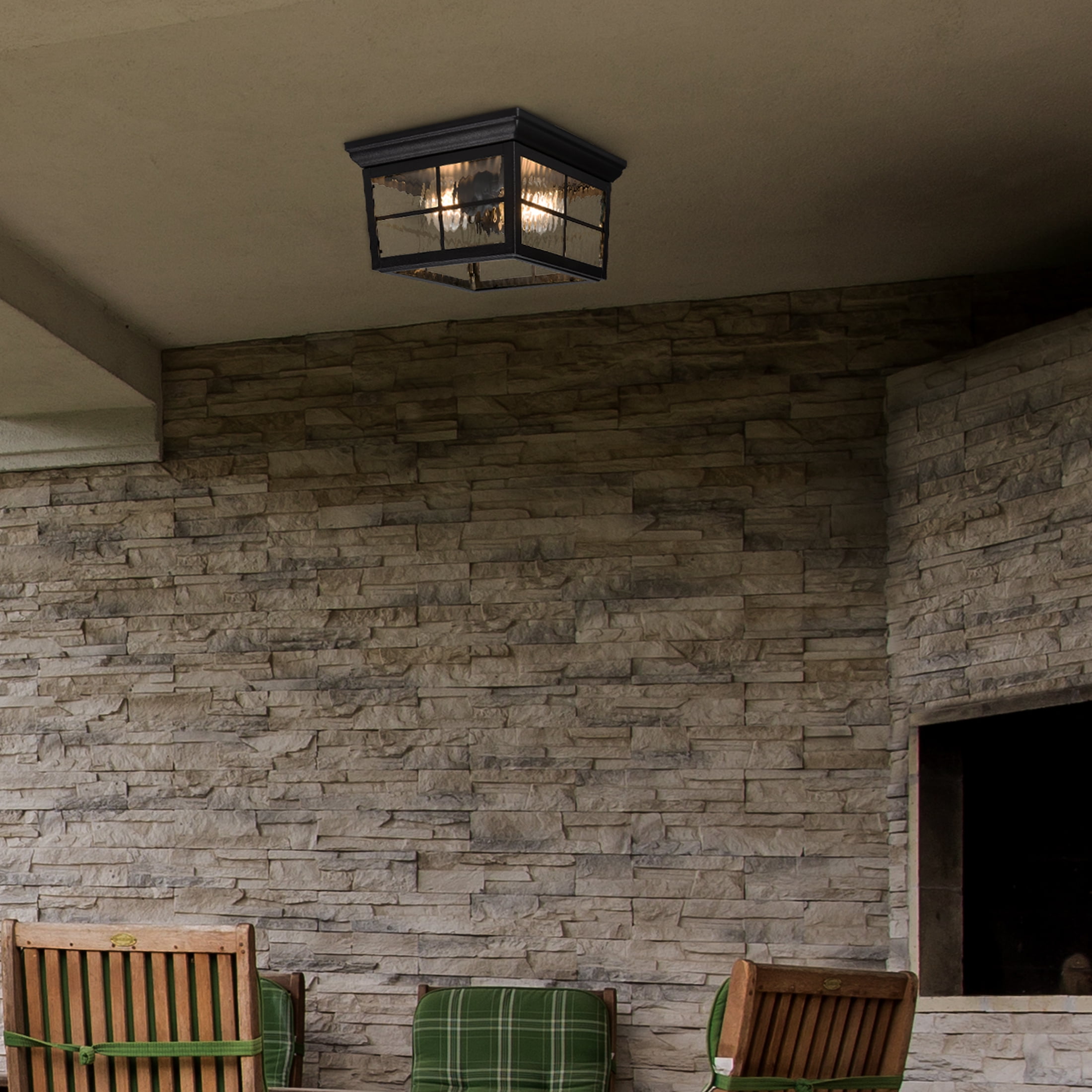 Maxxima Outdoor Flush Mount Ceiling Light: Black, Water Glass, 2-Light, Square, Farmhouse Porch/Patio, Close to Ceiling, Bulbs Not Included.