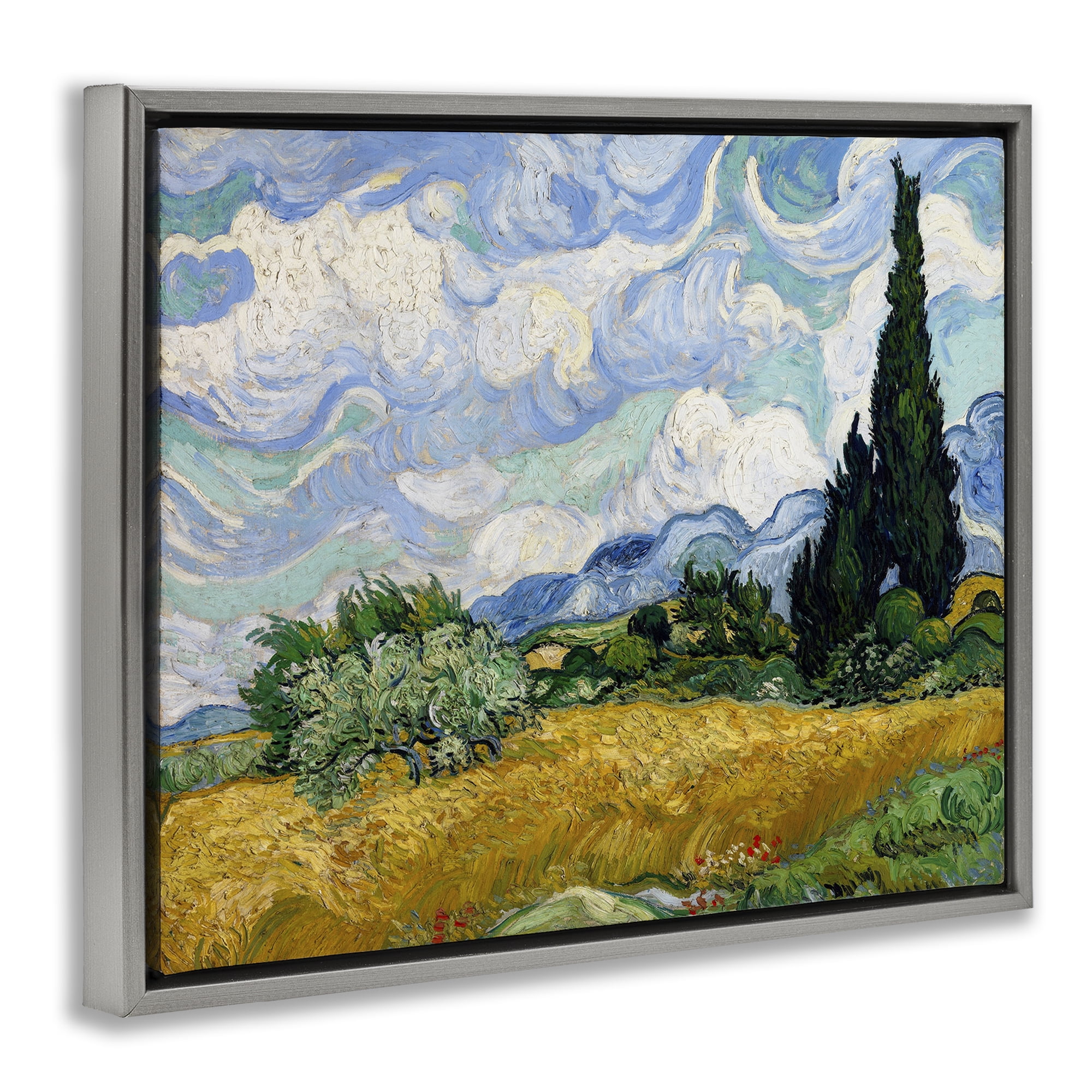 Stupell Industries Classical Wheat Field with Cypresses Landscape & Nature Painting Gray Floater Framed Canvas Art Print Wall Art, 21 x 17
