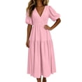 thumbnail image 2 of QUNYINEY Puff Short Sleeve Summer Dresses for Women Pink Flowy Casual Long A Line Dress V Neck Pleated Loose Fit Vacation Dresses, 2 of 7