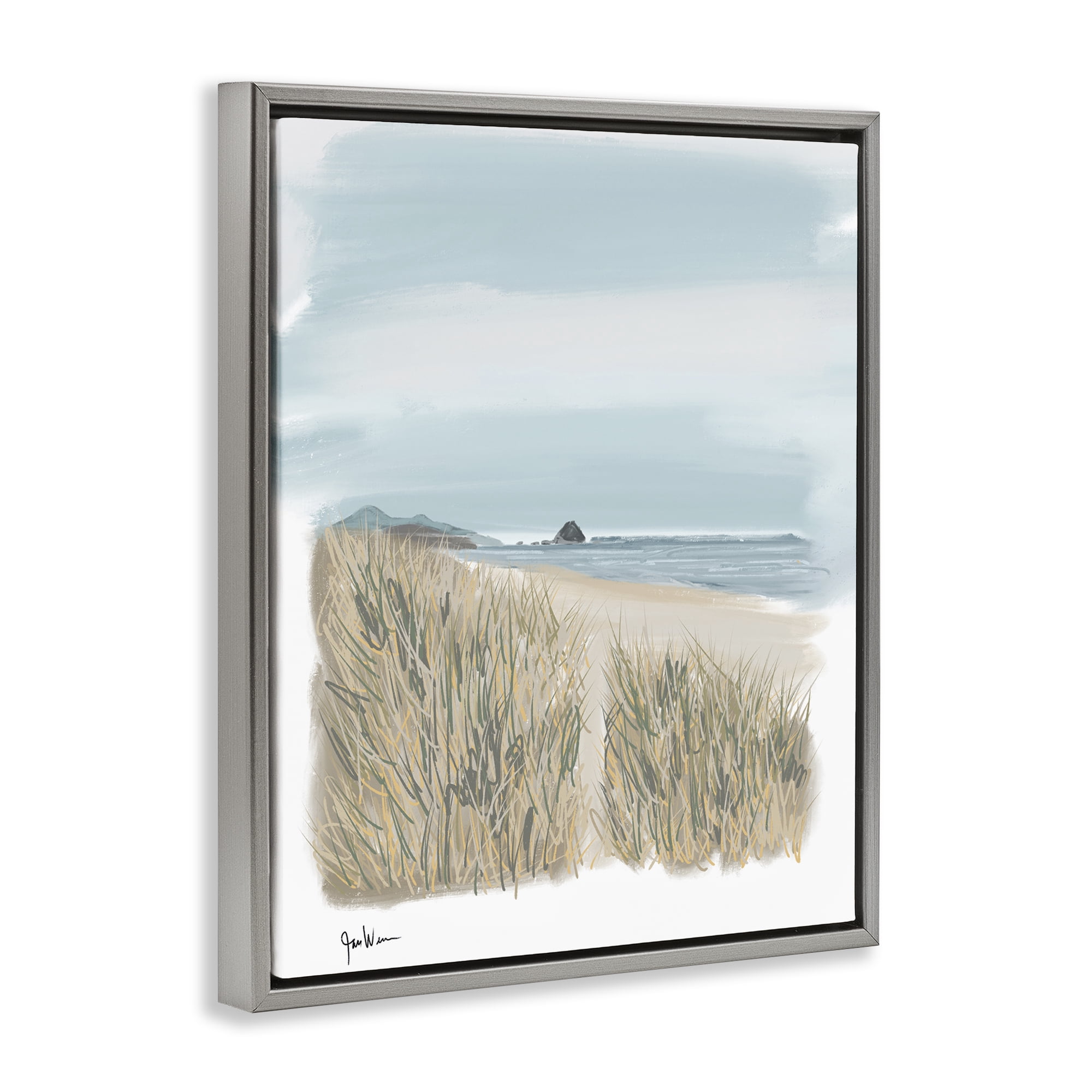 Stupell Industries Path To Calm Beach Landscape & Nature Painting Gray Floater Framed Canvas Art Print Wall Art, 17 x 21