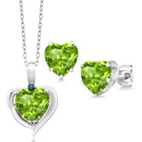 Gem Stone King 4.82 Ct Heart Shape Green Peridot Blue Diamond 925 Silver Pendant and Earrings Jewelry Set