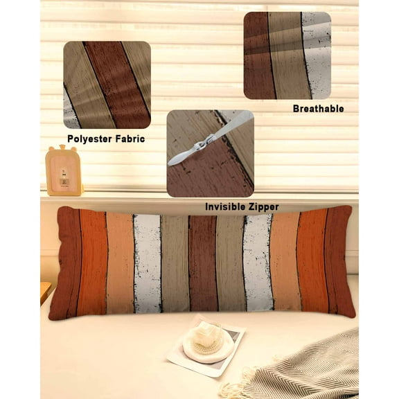 Burnt Orange Brown Throw Pillow Covers, Farmhouse Vintage Wooden Soft Breathable Pillow Cases with Invisible Zipper for Sleeping, Long Body Pillowcases for Couch Bed Sofa Chair 20x60 Inches