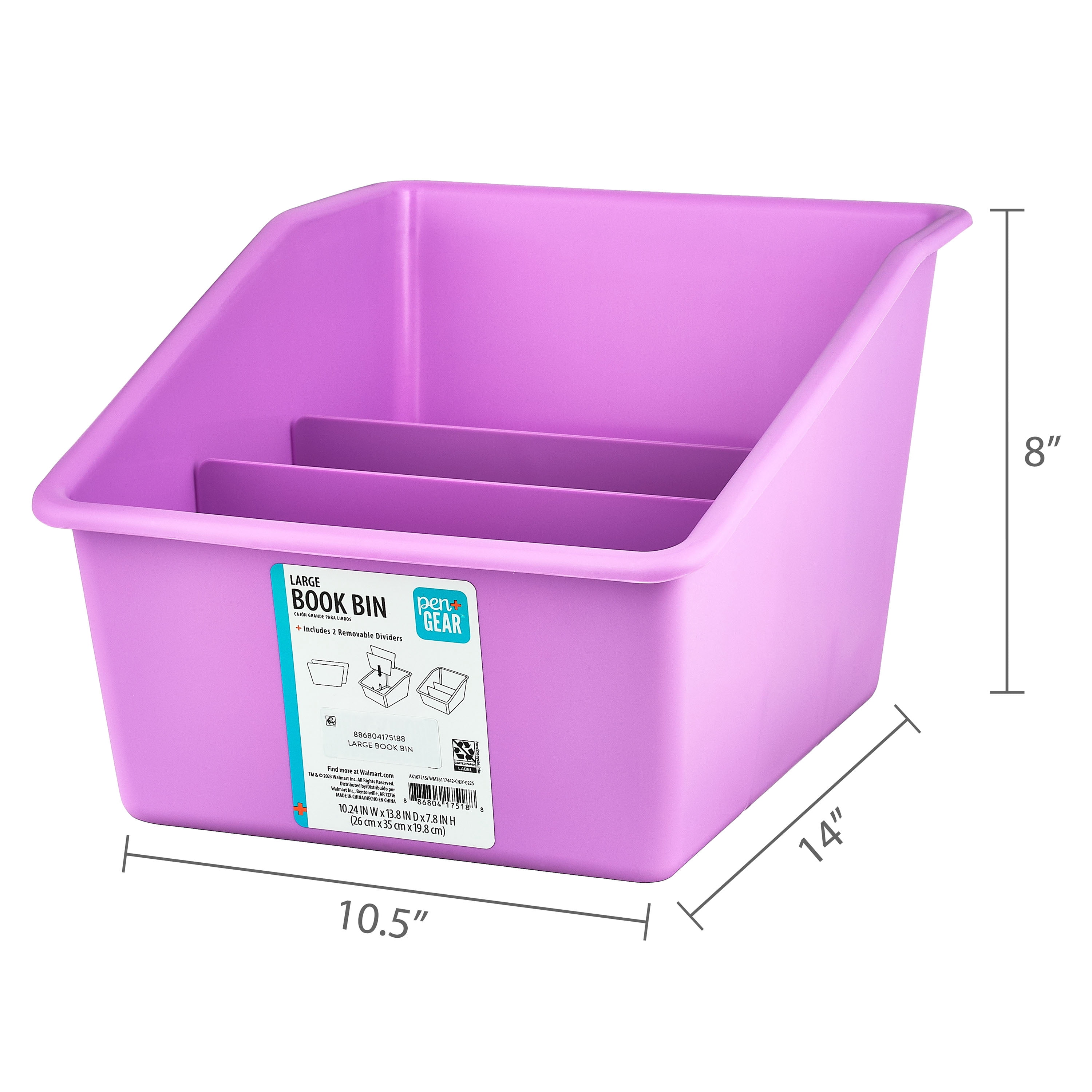 Pen+Gear Large Book Bin with 2 Removable Dividers, 10.24" x 13.8" x 7.8", Violet