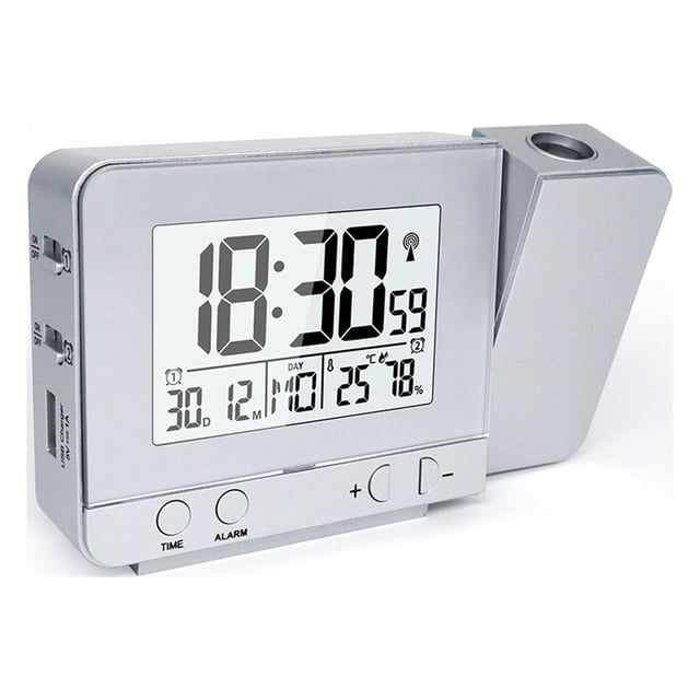 yingyy Projection Réveil Électronique USB Recharge Calendrier Humidité Température Projecteur Snooze Fonction Rétro-Éclairage Argent