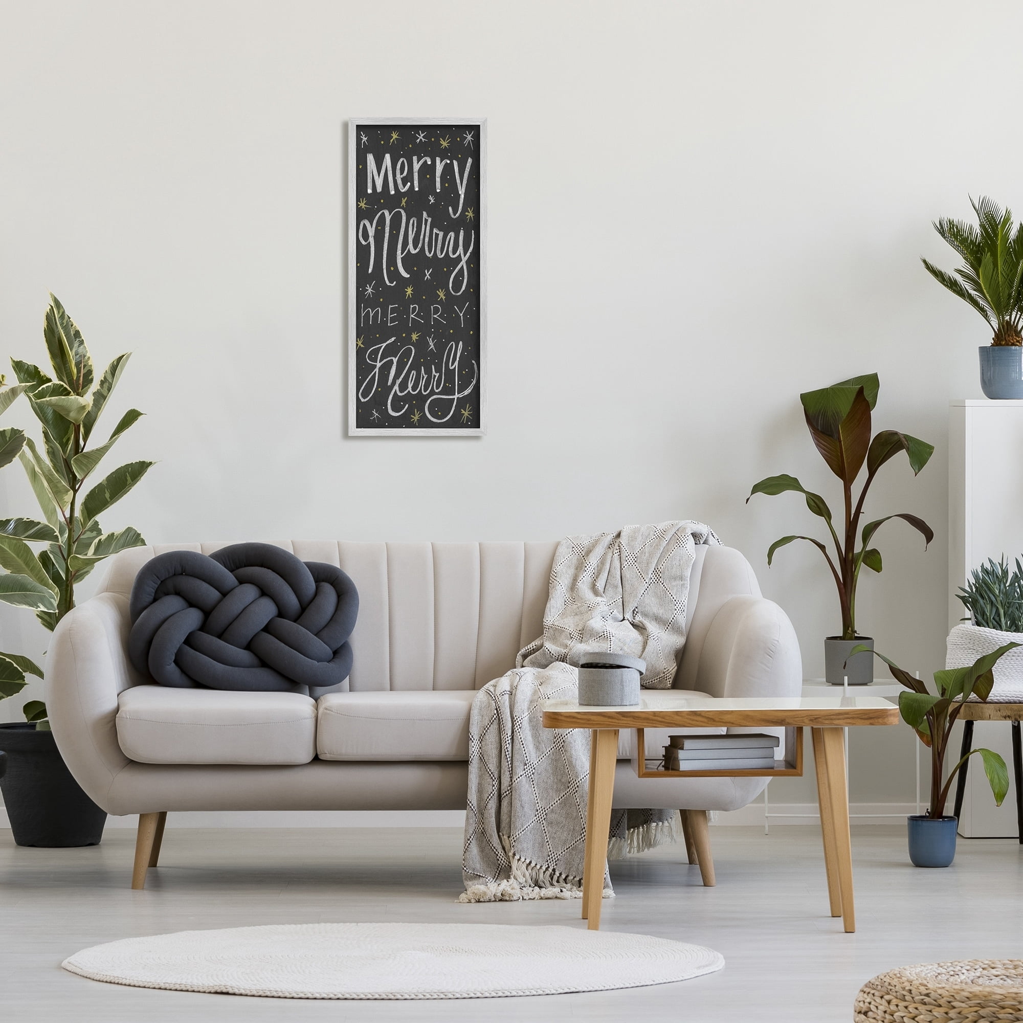 Stupell Industries Festive Merry Chalk Style Typography Chistmas Stars Inspirational Painting Gray Framed Art Print Wall Art, 13 x 30