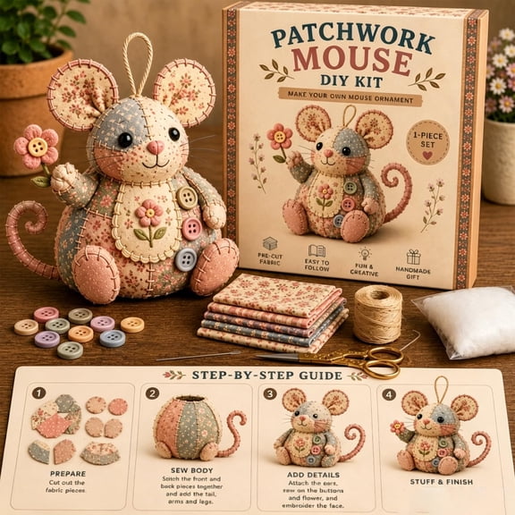 Patchwork Mouse DIY Kit, Handmade Sewing Craft Set with Floral Fabric, Stuffing, Buttons, Cute Mouse Ornament DIY Kit for Adults, Beginners, Gift for Birthdays, Holidays