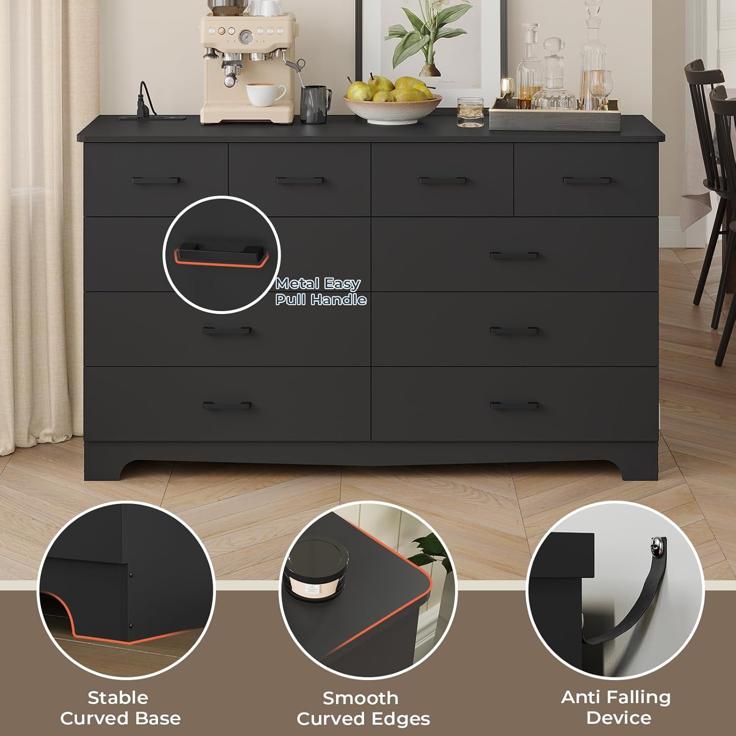 10 Drawers Dresser for Bedroom with Charging Station, Modern Long Chest of Drawers Storage Organizer, 55.1'' Wide Black Dresser TV Stand for Living Room