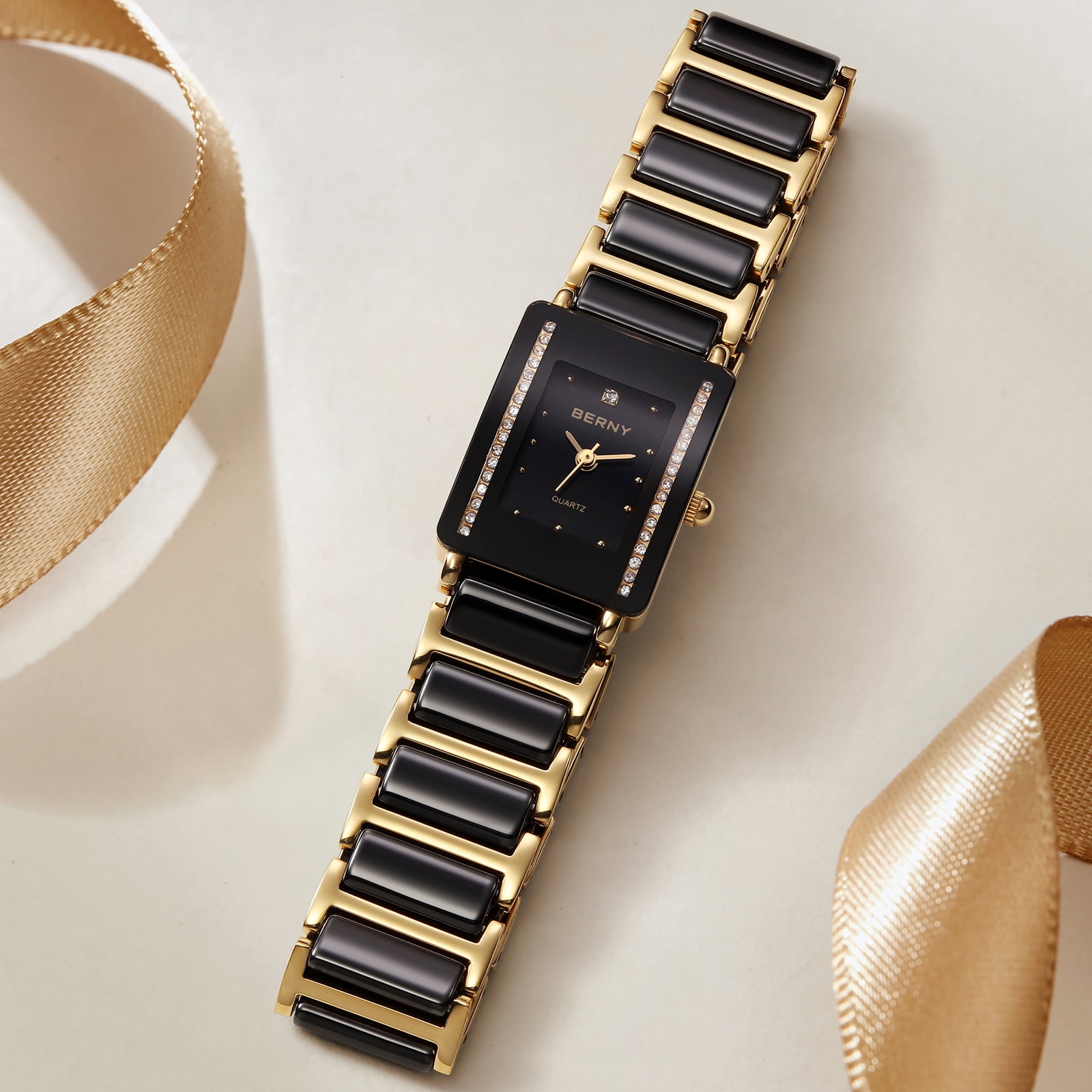 BERNY Watches for Women, Dainty Luxury Diamond Rectangular Case, Two Tone Stainless Steel Ceramic Bracelet Watch, Analog Quartz Waterproof, Fashion Ladies Small Dress Watch Gifts