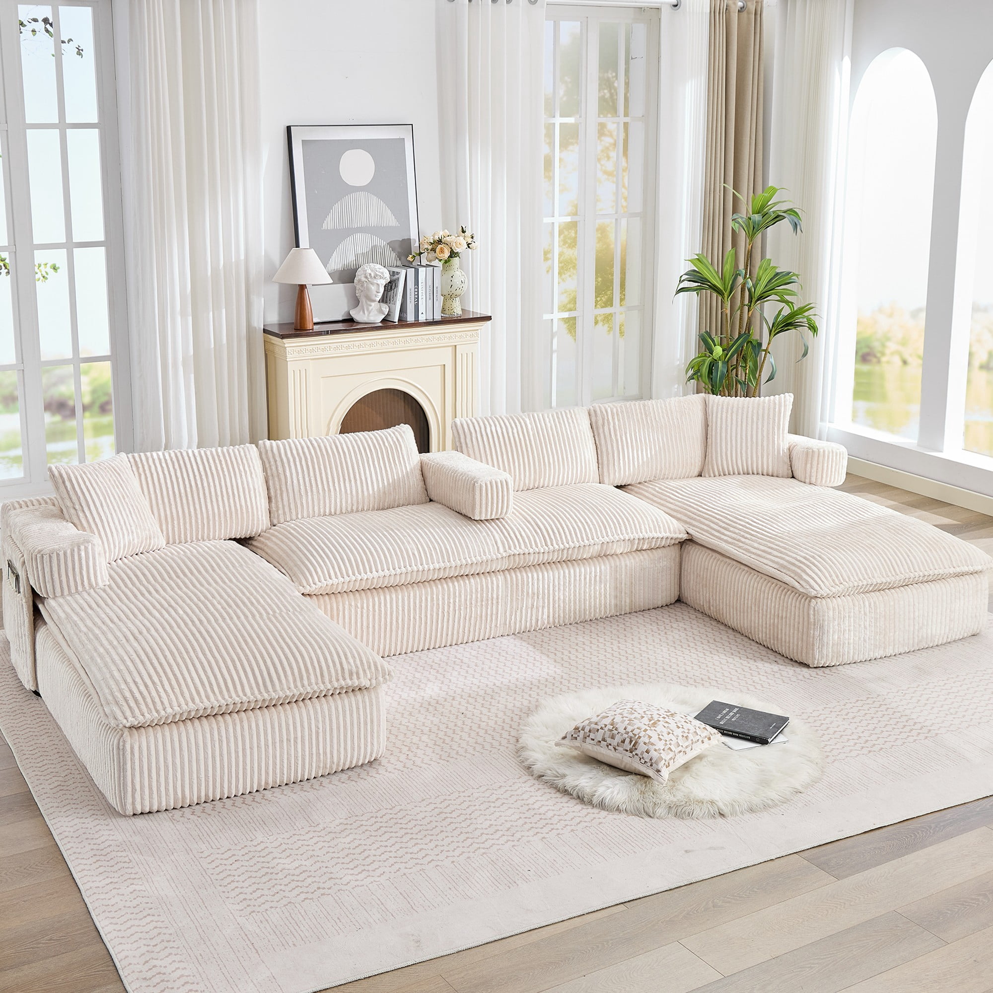 LLappuil Sectional Sofa, Oversized Sectional Couch Convertible Sofa Bed, 6 Seat Corduroy Sofa Couch with Side Pocket for Living Room, No Assembly Beige