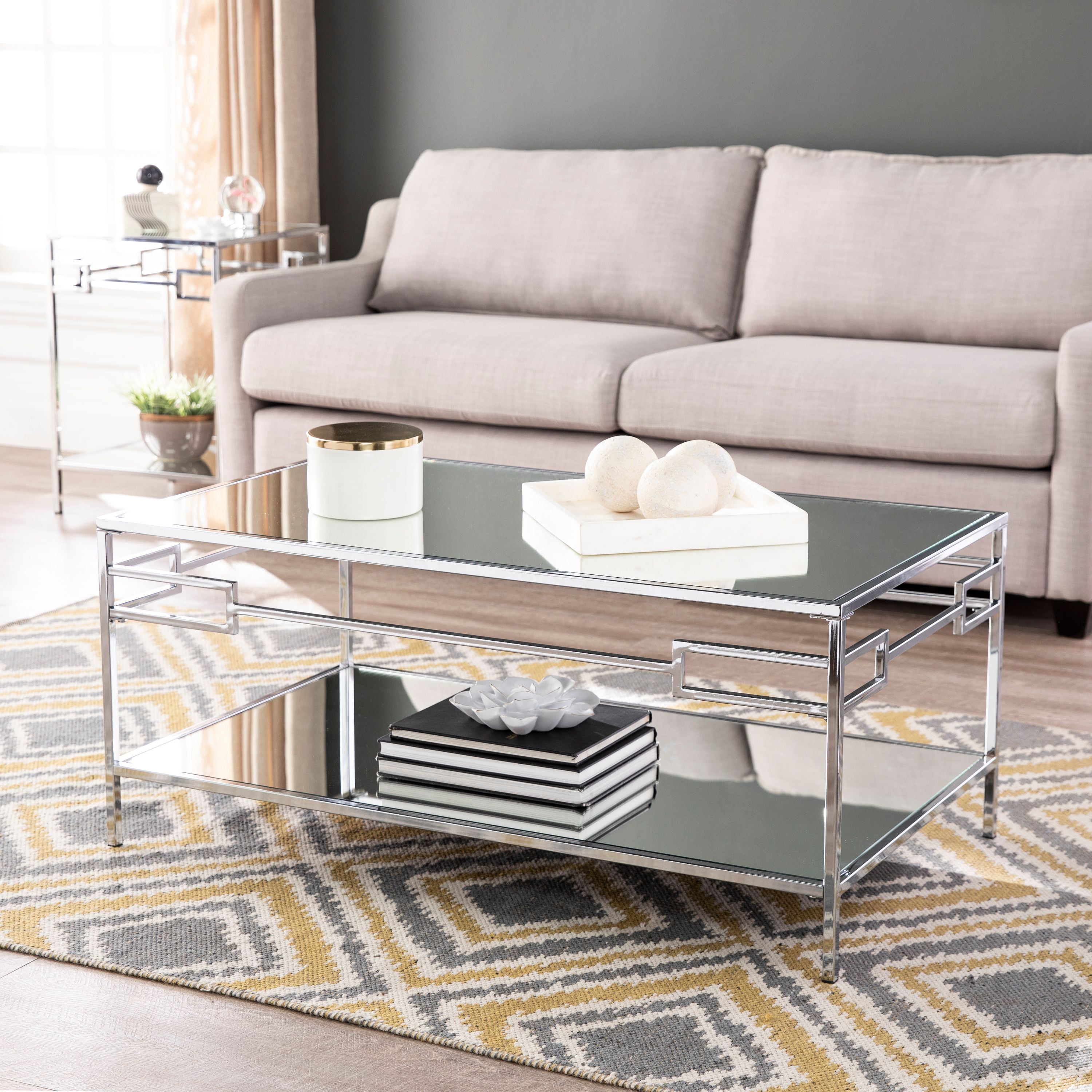 New Mirrored Coffee Cocktail Table Silver Finish Accent Table With 2 Drawers