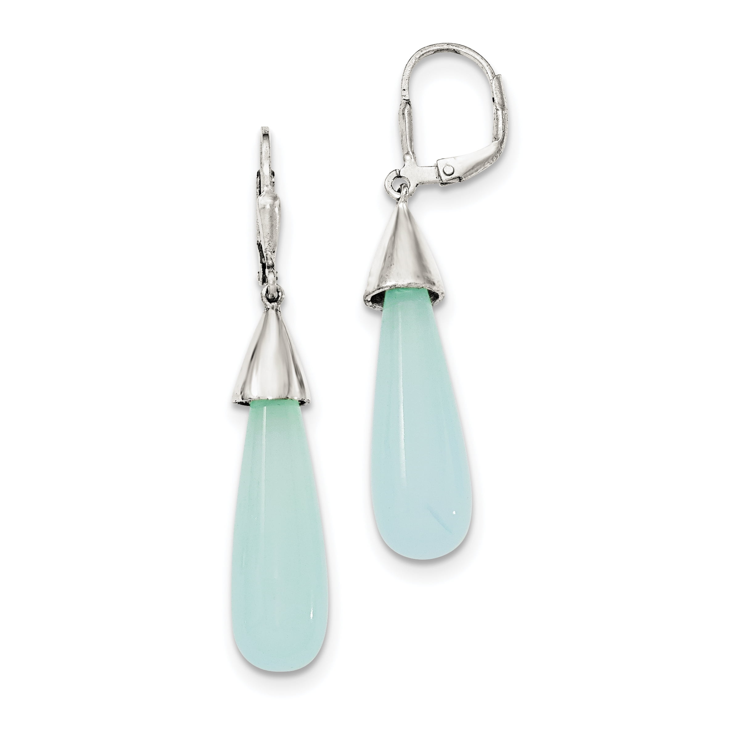925 Sterling Silver Chalcedony Teardrop Leverback (9x51mm) Earrings by