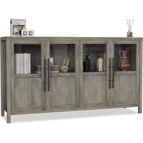 EastVita Sideboard Buffet Cabinet with 4 Glass Doors, 55" Buffet Table Coffee Bar Wine Bar Display Cabinet for Kitchen Dining Room Living Room Gray