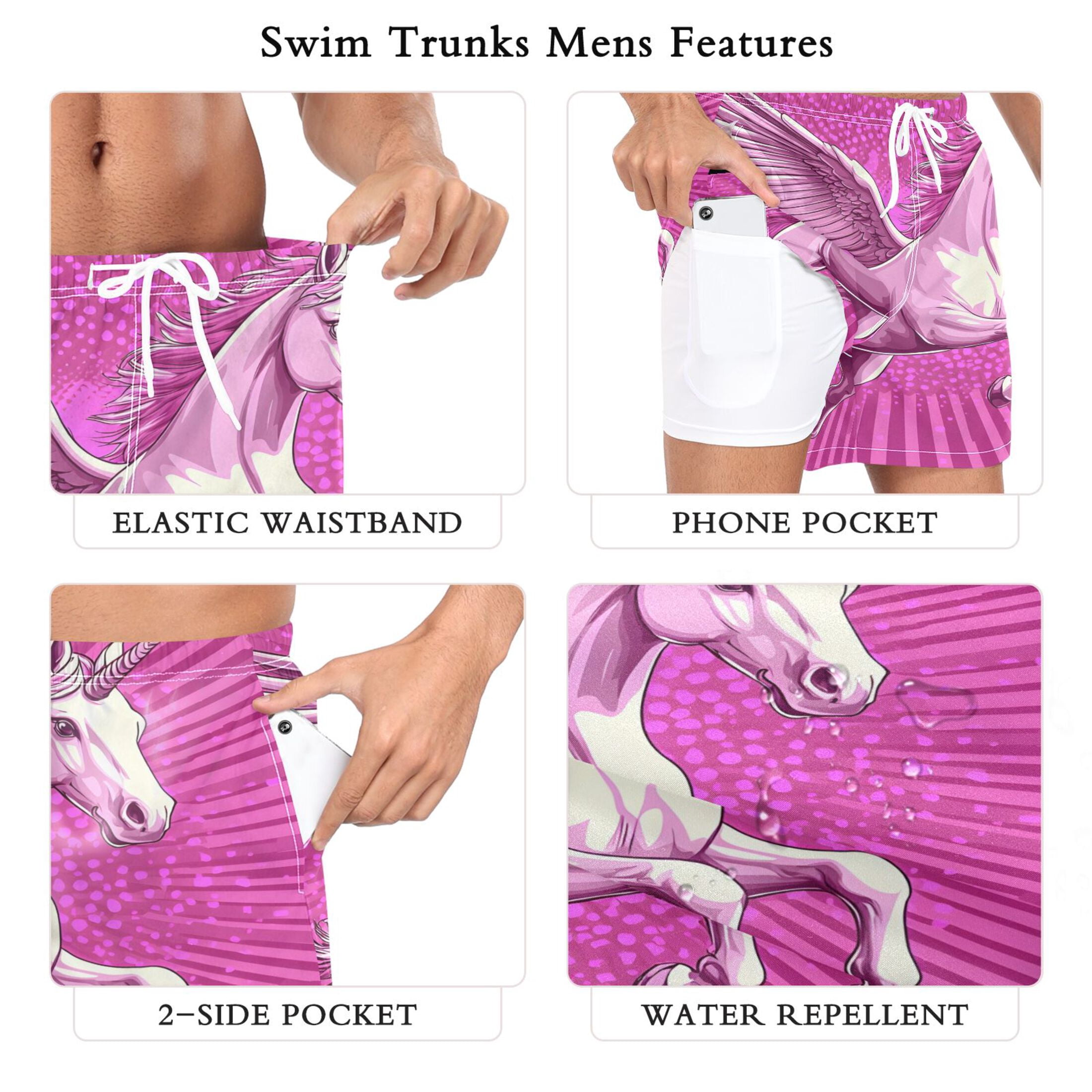 joogoo Men's Unicorn2 Swim Trunks with Liner Pocket Beach Shorts Large