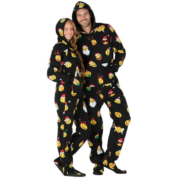 Footed Pajamas - Merry Emoji Adult Hoodie Fleece One Piece - Adult - Large (Fits 6'0 - 6'4")