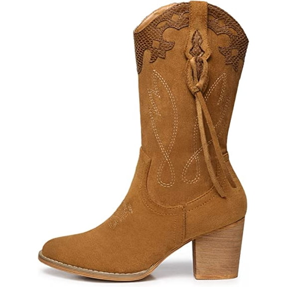 FAMITION Women Cowboy Boots for Women Western Cowgirl Boots with Chunky Heel Round Toe Boots Mid Calf Boots Embroidered Boots