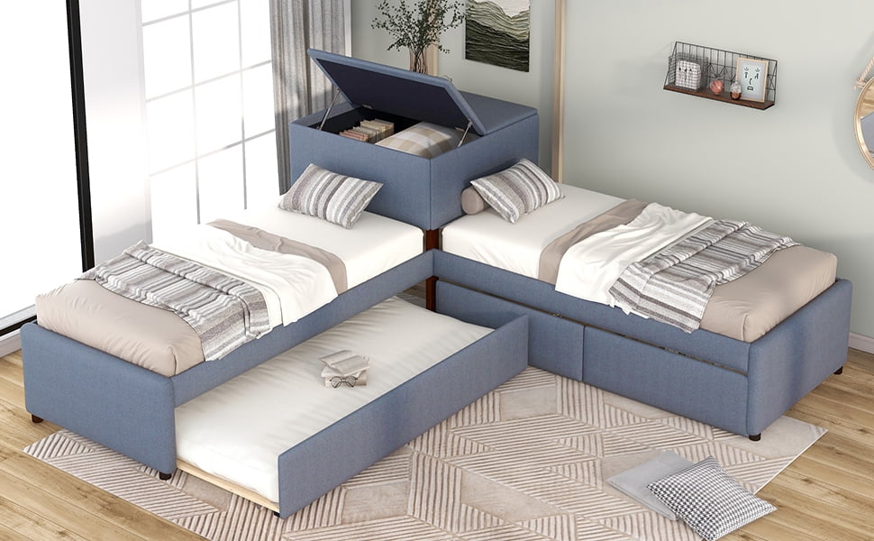 EUROCO Upholstery L-Shaped Twin Platform Bed with Drawers and Trundle,Square Table for Bedroom