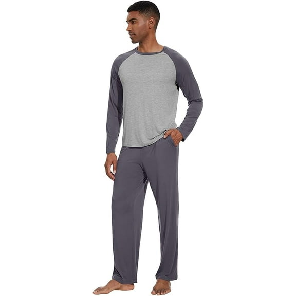 WiWi Mens Pajamas Set Viscose from Bamboo Long Sleeve Sleepwear Knit Nightwear 2 Pieces Loungewear Sets with Pants S-XXL, Dark Grey, X-Large