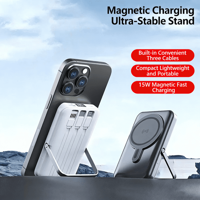 Portable 10000mAh Magnetic Wireless Power Bank – MagSafe Compatible with iPhone 17/16/15/14/13 Series – 15W Fast Charging, Built-In 3 Cables, Kickstand, Compact Travel Charger – Black