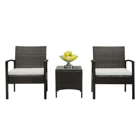 Wrought Iron Outdoor Sofa 3 Pieces Patio PE Rattan Wicker Sofa Set, Outdoor Sectional Furniture Conversation Chair Set with 2 Removable Cushions and Iron Tempered Glass Tea Table Black for Garden Lawn Pool Backyard, S1021 ()
