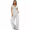 thumbnail image 3 of Scacto Women 2 Piece Outfit Sets, Short Sleeve V-Neck Ruched Top & Wide Leg Pants, Casual Daily Wear Gym Sweatsuit, 3 of 4