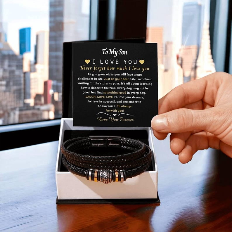 Personalized To My Son Bracelet From Mom and Dad, Son Bracelets From Mother Father, Christmas Birthday Graduation Gifts for Boys Men with Message Card and Gift Box