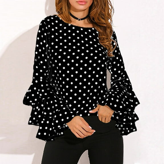 Fashion Women's Bell Sleeve Loose Polka Dot Shirt Ladies Casual Blouse Tops Essential Long Sleeve Womens Work Shirt Short Sleeve