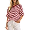 thumbnail image 2 of Summer Tops for Women Vacation Outfits Trendy Crewneck Striped Short Sleeve Shirts Loose fit Breathable T Shirts | CSEONE,Watermelon Red S, 2 of 8