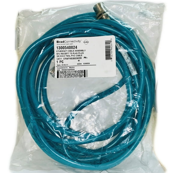 ERWPAB3002M050 Ethernet Cable Assembly M12 RECEPT TO RJ45 Plug 5M #24/4 Teal PVC Cable,1300540024