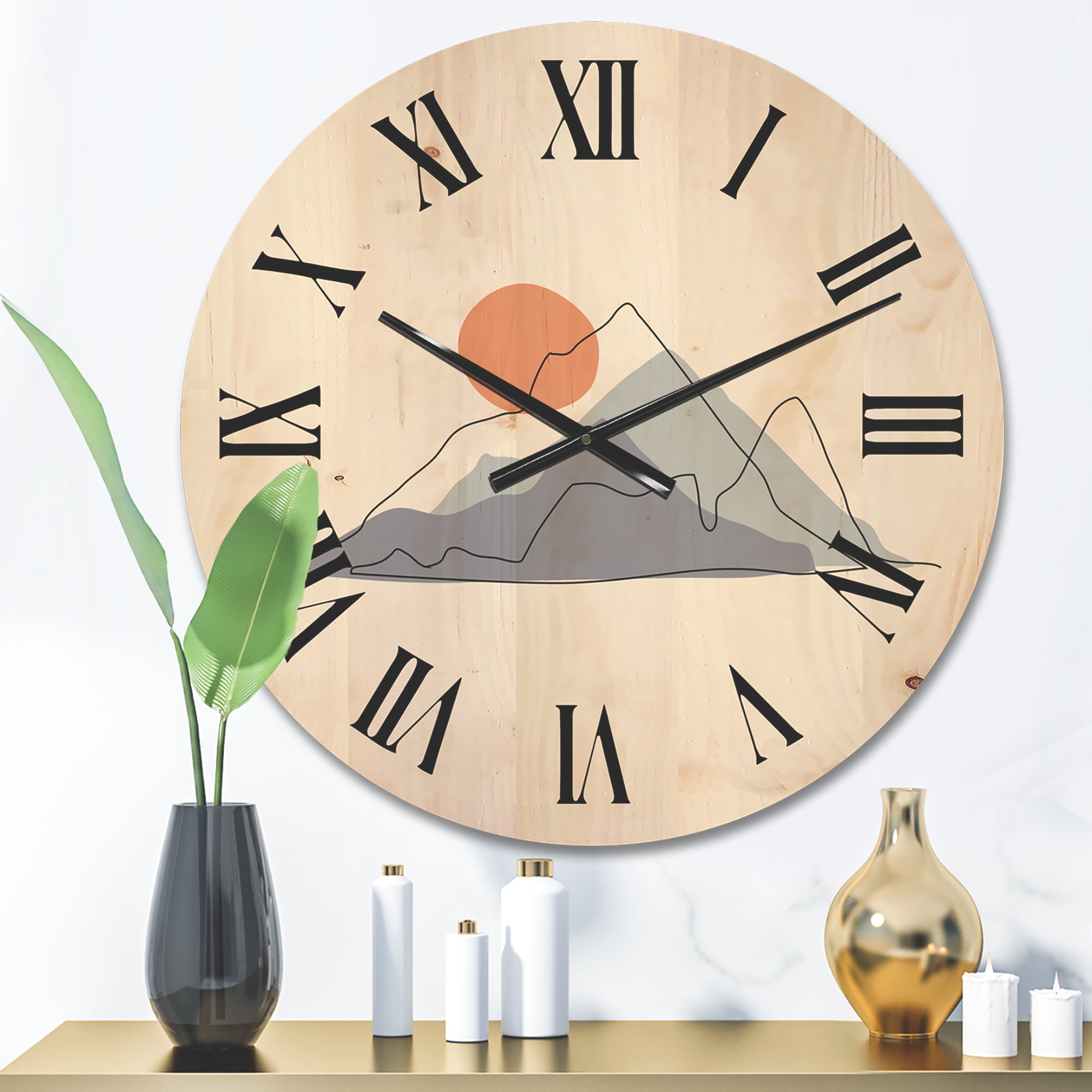 Designart 'Abstract Red Moon With Mountainscape' Modern Wood Wall Clock
