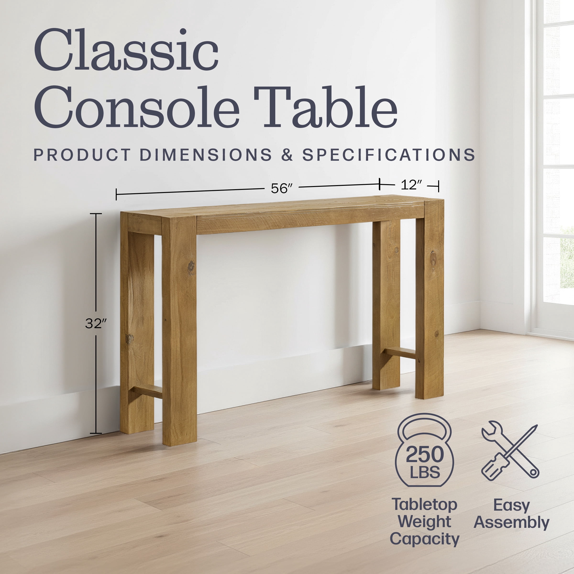 Alaterre Furniture Classic Solid Wood Console Table - 56in Modern Farmhouse Entryway Table, Oak