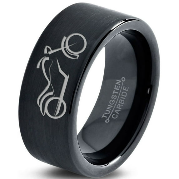 Tungsten Motorcycle Bike Motor Bicycle Band Ring 9mm Men Women Comfort Fit Black Flat Cut Brushed Polished