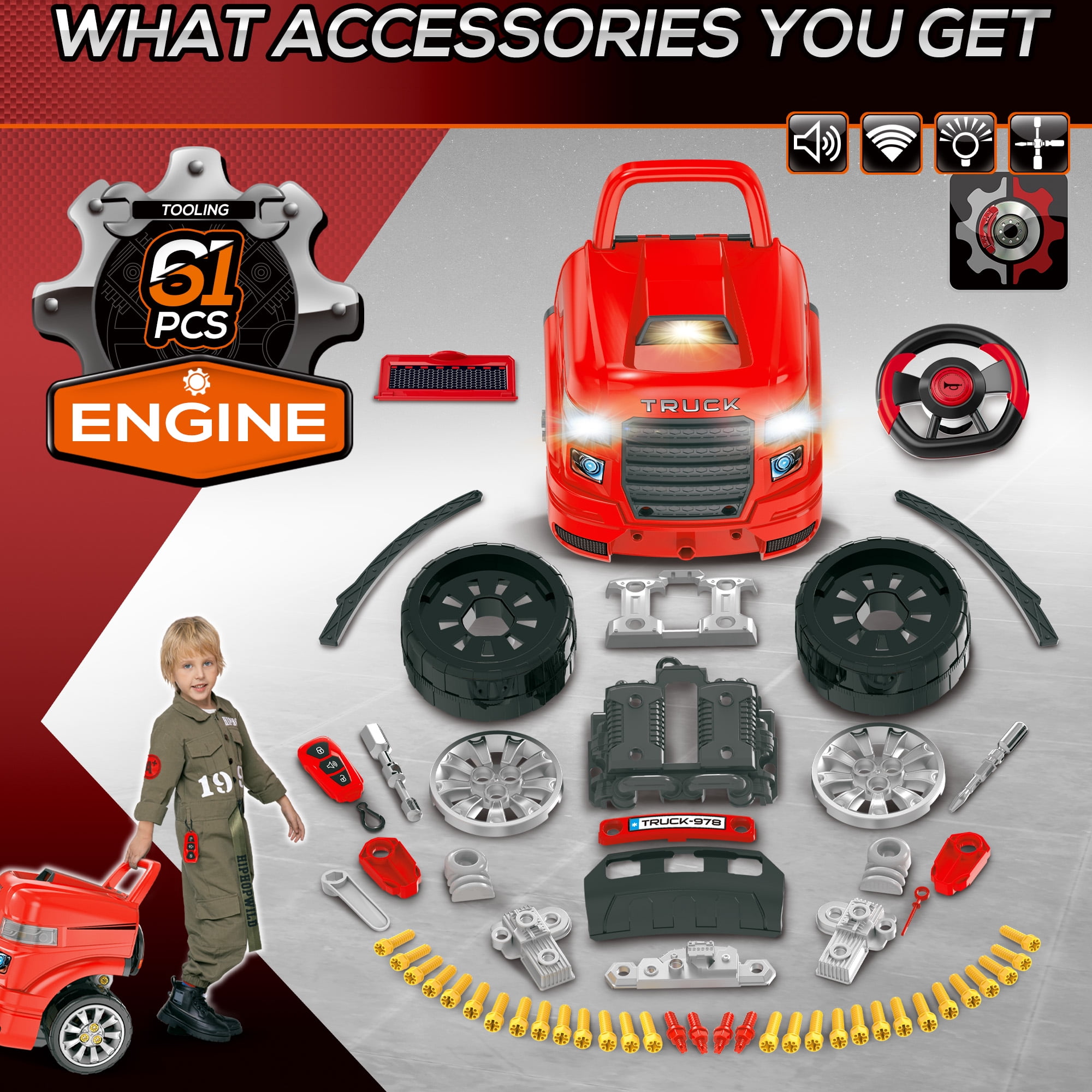 Qaba Mechanic Kids Truck Engine Toy Set, Car Service Playset, Engine Disassembly Play Workshop, 61 Pieces, Steering Wheel, Horn for 3-5 Years, Red