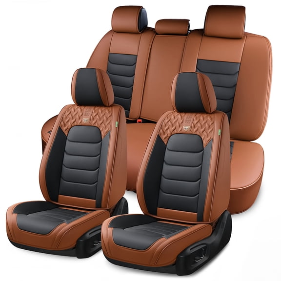 FLORICH Full Set Car Seat Covers, Waterproof Faux Leather Seat Protectors, Comfortable Auto Interior Cushions Fit for Most Cars Suv Trucks, Black & Brown