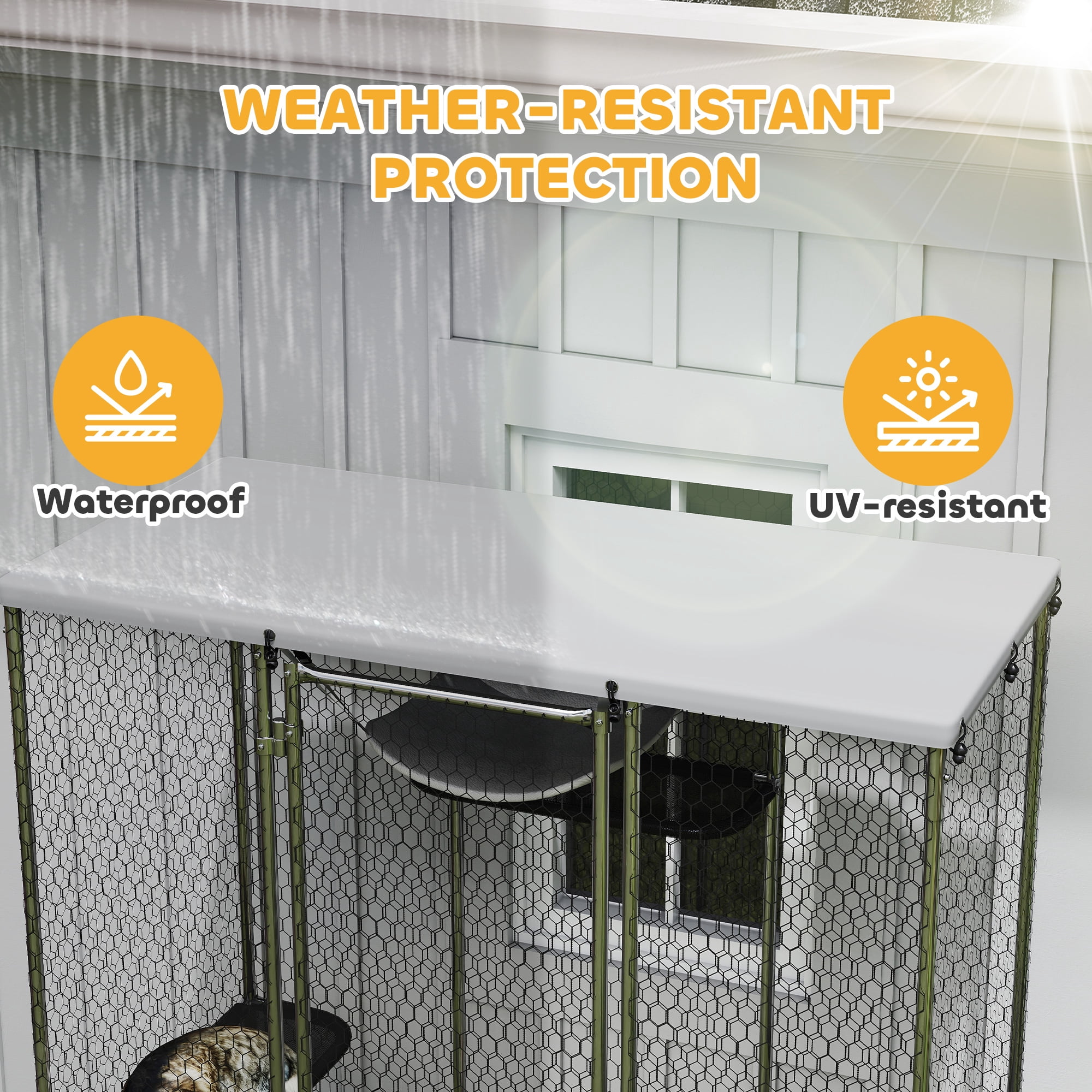 PawHut Large Catio Outdoor Cat Enclosure, Galvanized Steel Walk-in Cat Cage with Waterproof Cover, 5 Adjustable Platforms, Hammock
