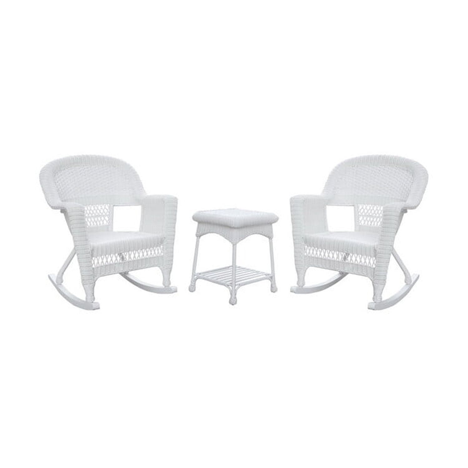 Jeco 3 Piece Resin Wicker Outdoor Patio Rocker Chair with End Table Set in White