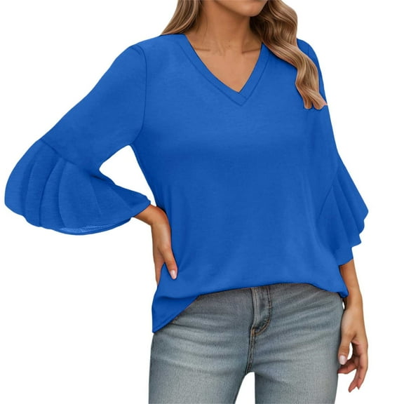 MIXUE Boho Tops For Women Summer Solid Color V Neck Flutter Sleeve Loose Casual Pullover Shirts For Women Tee Shirts Daily-Wear,Blue,XXL