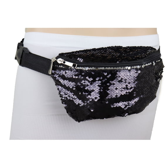 Women Black Silver Sequins Fanny Pack Belt Bum Bag Cross Body S M L