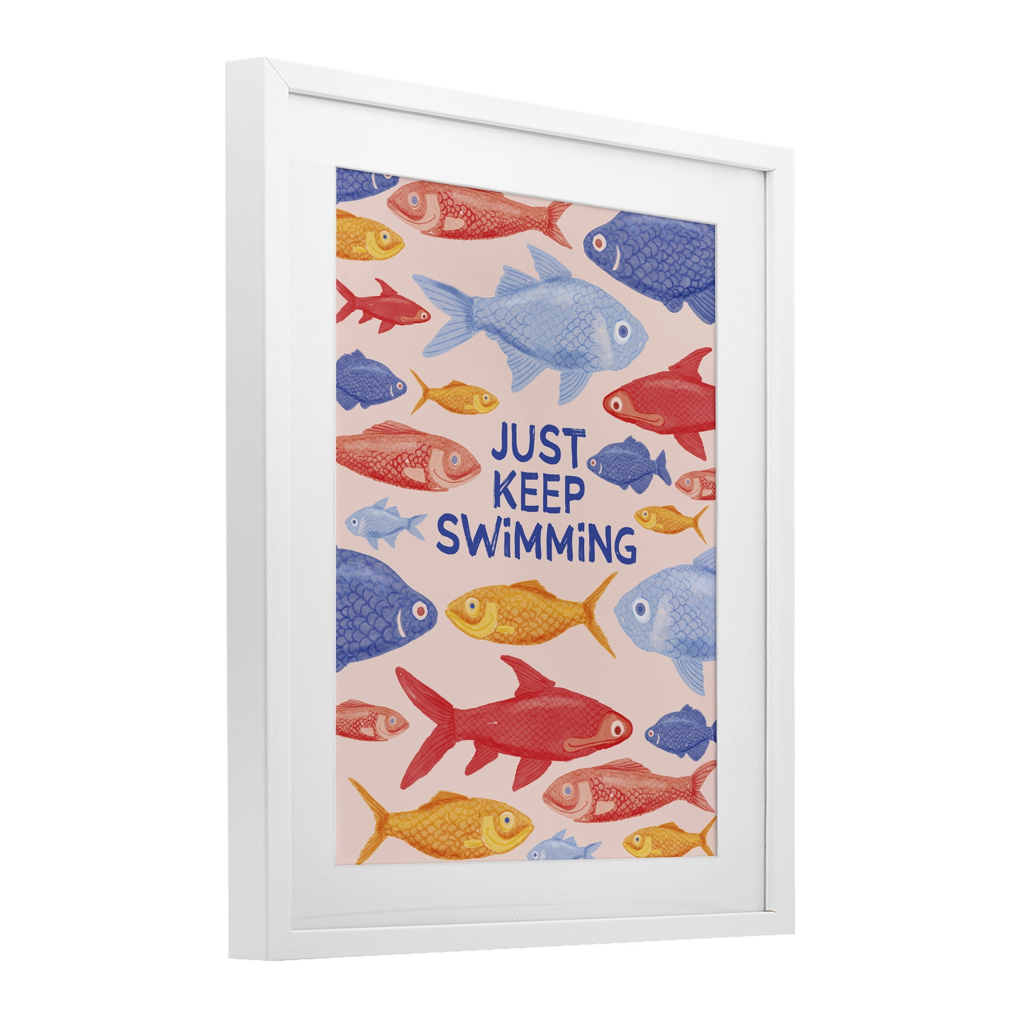 Stupell Industries Just Keep Swimming Fish White Framed Print Under Glass, design by The Paper Curator