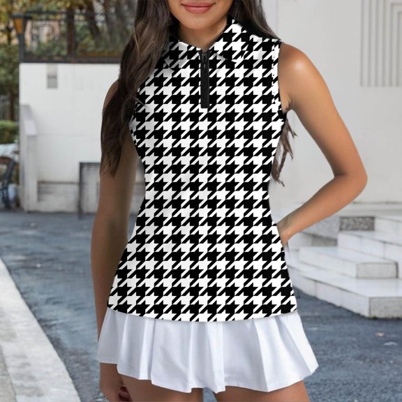Trendfront Womens Sleeveless Golf Polo Shirts Quarter Zip Mock Neck Houndstooth All Over Print Athletic Tank Tops