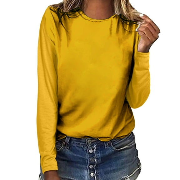 UMfun Women's Summer Fashion Tops O-Neck Solid Color Long Sleeve Casual Loose Blouse T-Shirt Tops Yellow