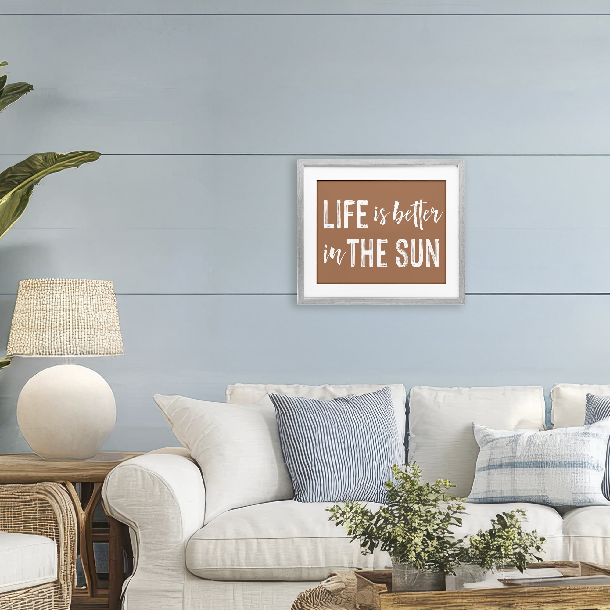 Life Better In Sun Brown Gray Framed Print Under Glass, design by Lettered and Lined