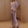 thumbnail image 4 of Conjunto de Sudor para las Mujeres de la Pierna Ancha de Moda Sólido Cuello en V de Manga Corta Pijamas, Pantalones Recortados Casuales Conjunto para el Descanso Y el Ocio en Interiores, 4 of 7